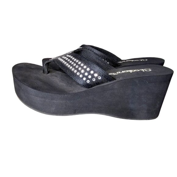 Y2K Skechers Chunky Platform Wedge Flip Flops Sandals Size 7  Black Rhinestones - Picture 1 of 9